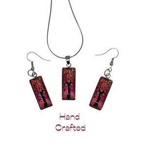 Hand Crafted Pink Red Tree Glass Rectangle Pendant Necklace Earrings Set NWT